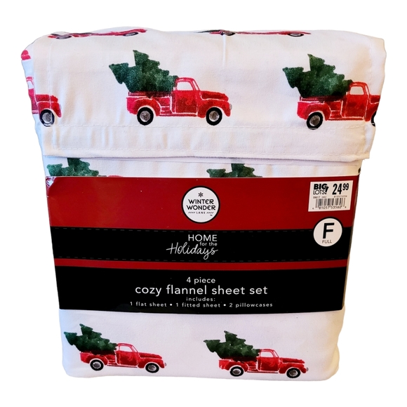 Winter Wonder Lane Christmas Red Truck 4pc. Cozy Flannel Full Size Sheet Set New - Picture 1 of 2